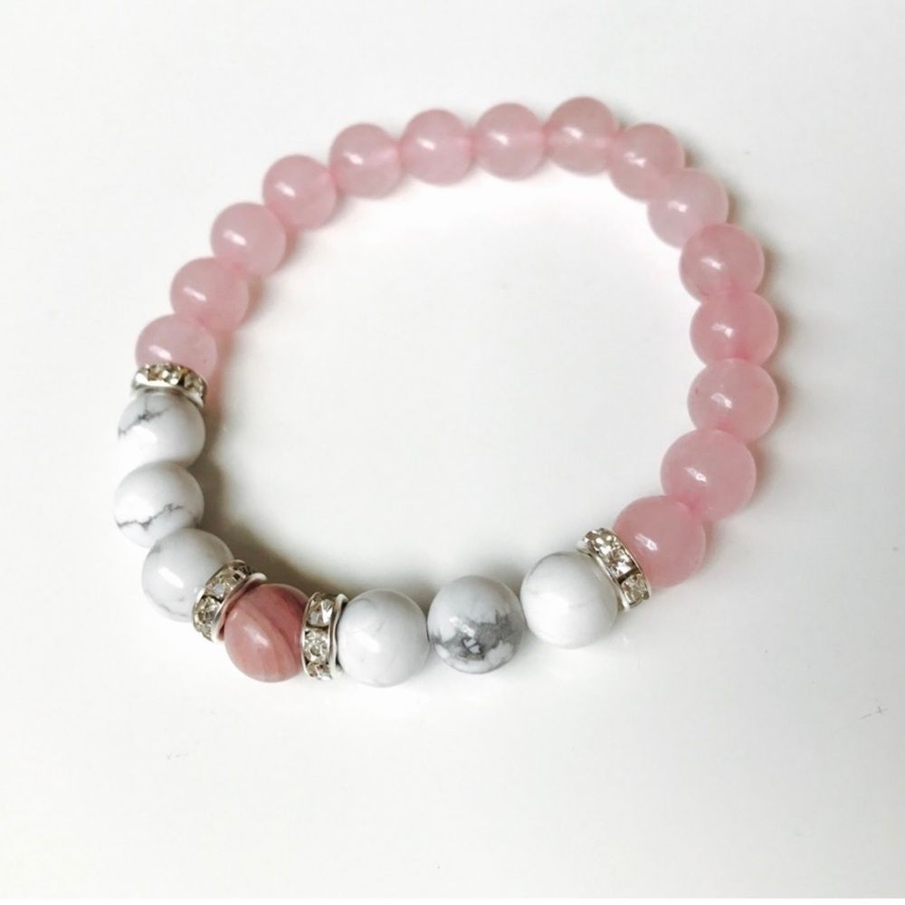 Rose Quartz with Howlite Mala and Rhinestone Bracelet